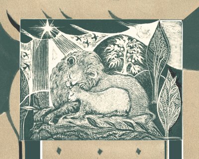 Y el león se acostará con el cordero, 2003 (grabado en madera) de Mary Kuper