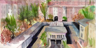 Patio de Berlín, 2004 (pluma y acuarela) de Mary Kuper