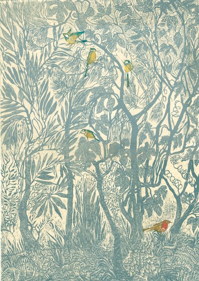 Observación de aves desde la ventana de la cocina: petirrojo, 2012 (grabado en vinilo, impresión en relieve) de Mary Kuper