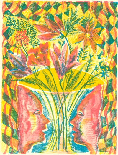 Rostros y flores, 2015 (litografía) de Mary Kuper