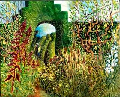 Great Dixter: Topiario y flores, 2003 (óleo sobre tabla) de Mary Kuper