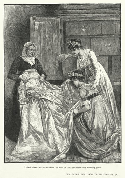 "Lisbeth sacudió ante ellos los pliegues del vestido de novia de su abuela" de Mary L. Gow
