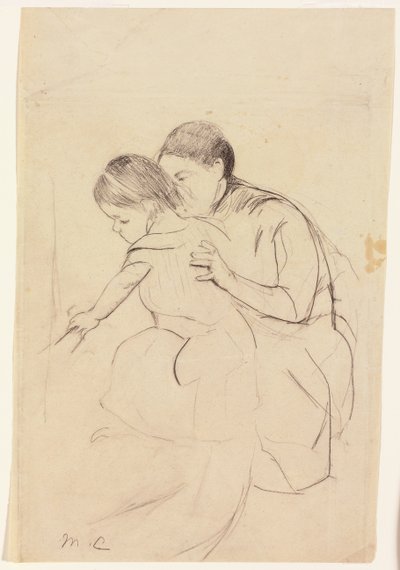 Bebé tocando una tina con la mano izquierda, sostenida por su niñera, c.1891 de Mary Cassatt