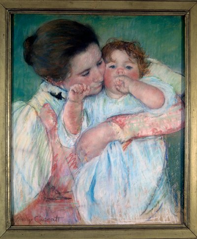 Madre e hijo sobre fondo verde o Maternidad de Mary Stevenson Cassatt