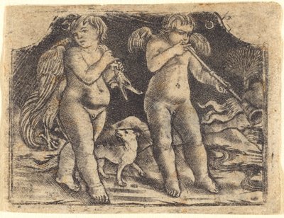Cupido llevando un ave acompañado de un perro, y otro cupido tocando una trompeta de Maso Finiguerra