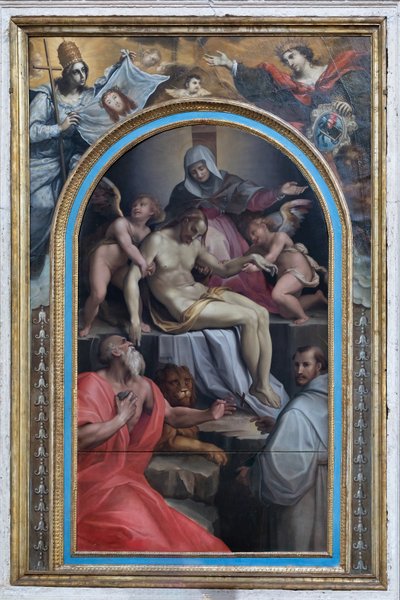Deposición con los santos Girolamo y Francesco, c.1550-1600 (óleo sobre tabla) de Maso da San Friano