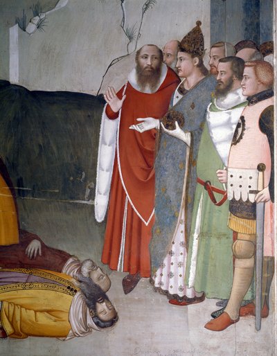 Episodios de la víspera de Año Nuevo: el Papa San Silvestre I (314-335) resucita a dos magos. Fresco de Maso di Banco (conocido alrededor de 1341-1346) siglo XIV Florencia, Chiesa di Santa Croce, Cappella Bardi de Maso di Banco