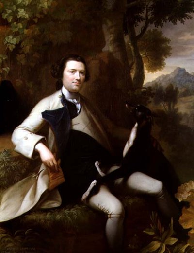 Francis Popham (d.1780) sentado en un paisaje boscoso con su galgo de Mason Chamberlain