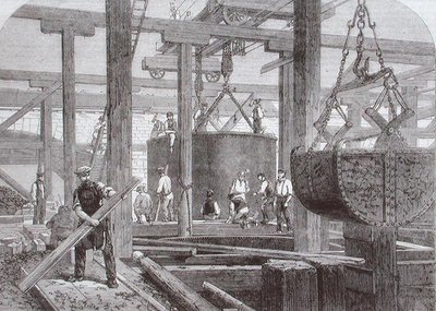 Vista de los trabajos de construcción en el Puente de Blackfriars para el ferrocarril de Londres, Chatham y Dover mostrando el hundimiento de un cilindro para uno de los pilares de piedra circulares de Mason Jackson