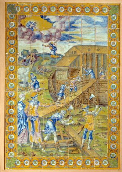 La construcción del Arca de Noé. Panel izquierdo del tríptico que representa 3 episodios del diluvio. Cerámica de Masseot Abaquesne (Conocido alrededor de 1526-Antes de 1564) de Masseot Abaquesne