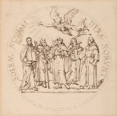 Diseño de un medallón papal para la canonización de Clemente X de San Pío, San Gaetano dei Conti di Thiene, San Francisco Borgia, S. J., San Luis Bertrand, O.P. y Santa Margarita Q(ueen) de Escocia de Massimiliano Soldani