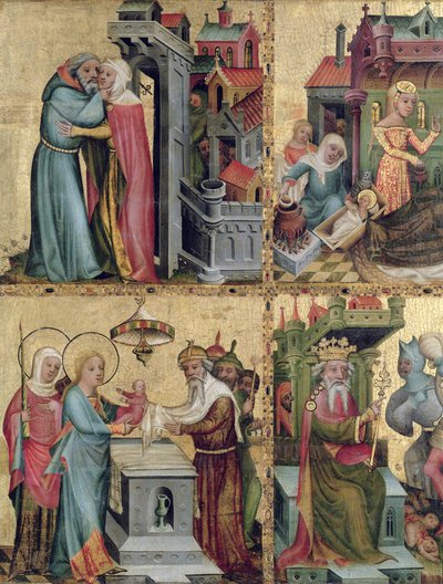 Encuentro en la Puerta Dorada y la Presentación en el Templo, del Altar de Buxtehude, 1400-10 de Master Bertram of Minden