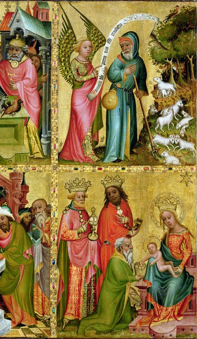 La Anunciación a San Joaquín y la Adoración de los Magos, del ala izquierda del Altar de Buxtehude, 1400-10 (temple sobre tabla) (detalle) de Master Bertram of Minden