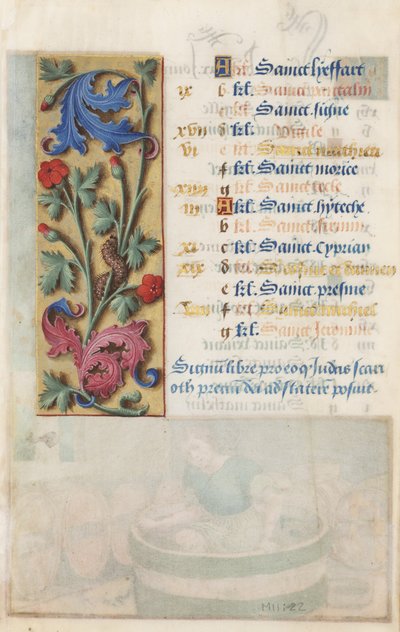 Panel de flores con acanto, rosa y oruga, de las Horas de Luis XII, 1498-99 de Master Claude de France