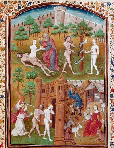 Nacimiento de Eva de la costilla de Adán, Adán y Eva recogiendo el fruto prohibido y luego expulsados del Paraíso. Miniatura tomada de "Casos de hombres y mujeres nobles infortunados" (De casibus) de Giovanni Boccaccio, escritor italiano de Master Dunois