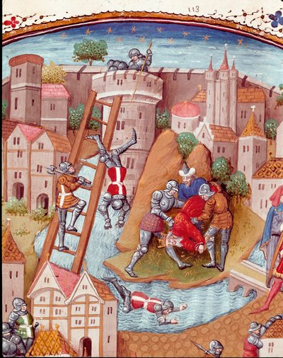 Conquista de una ciudad fortificada (detalle). Miniatura tomada de "Casos de hombres y mujeres nobles infortunados" (De casibus) de Giovanni Boccaccio, escritor italiano, traducido por Laurent de Premierfait y iluminado por el maestro de Master Dunois