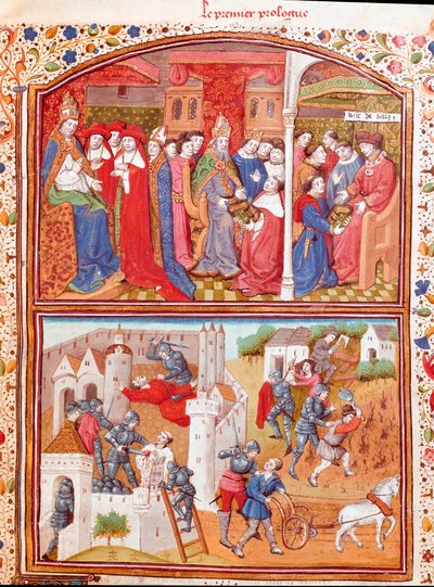 Prólogo: el autor presenta su libro al Duque de Berry y escena de la masacre de labradores. Miniatura tomada de "Casos de hombres y mujeres nobles infortunados" (De casibus) de Giovanni Boccaccio, escritor italiano, traducido por La de Master Dunois