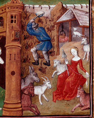 Representación de Adán recogiendo la tierra y Eva hilando la lana después de ser expulsados del Paraíso terrenal. Miniatura tomada de 
