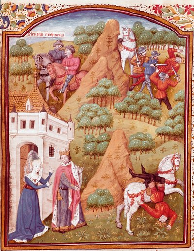 Seleuco I Nicator y su padre Antíoco, rey de Asia y Siria. Uno de los dos reyes es asesinado, caída del caballo. Miniatura tomada de “Casos de infortunios de hombres y mujeres nobles” (De casibus) de Giovanni Boccaccio de Master Dunois