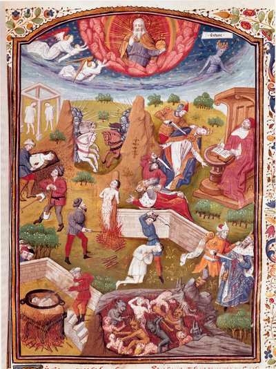 Visión de Boccaccio: escena de tortura, ahorcamiento, masacre Miniatura tomada de “Casos de hombres y mujeres nobles desafortunados” (De casibus) de Giovanni Boccaccio, llamado Jean Boccaccio (1313-1375), escritor italiano, traducido por Laurent de Premier de Master Dunois