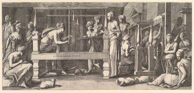 Mujeres hilando, tejiendo y cosiendo, 1540-50 de Master FG