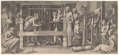 Mujeres hilando, tejiendo y cosiendo, mediados del siglo XVI de Master FG