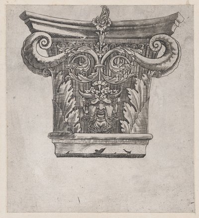 Speculum Romanae Magnificentiae: Capital con volutas de vaina de guisante y cabeza de sátiro, ca. 1537 de Master GA