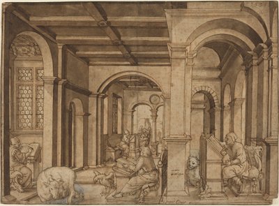 Cuatro evangelistas en un scriptorium de Master I.K.