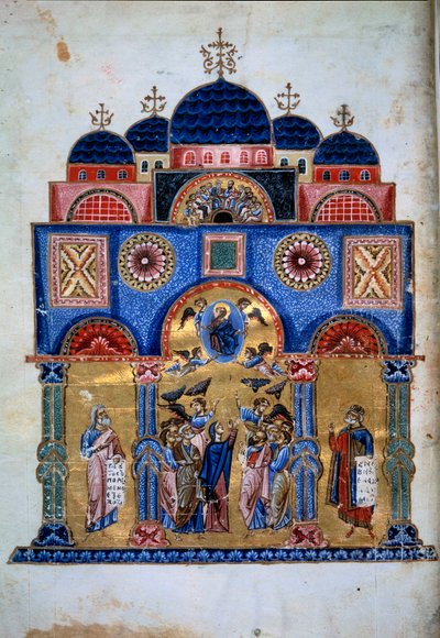 La Ascensión de Cristo. Manuscrito griego "Homilías a la Virgen" (Folio 3v) de Master Kokkinobaphos