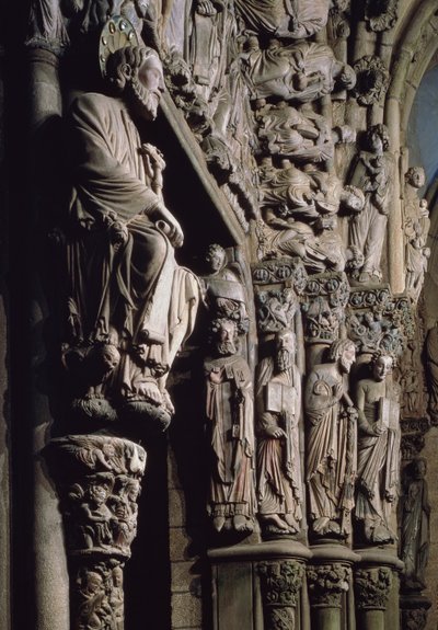 (Detalle) del Pórtico de la Gloria que representa a Santiago, siglo XII de Master Mateo