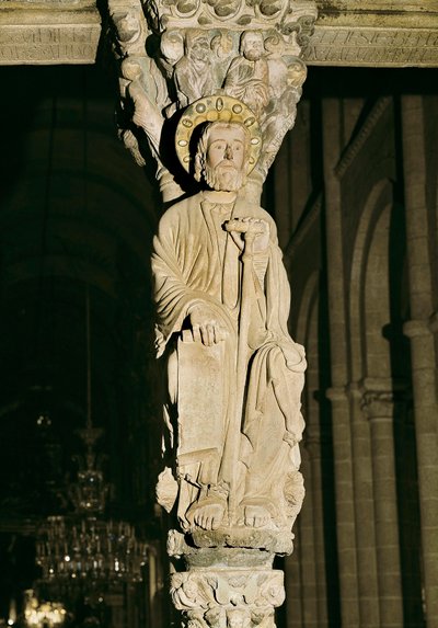 Mullion con figura de Santiago, Pórtico de la Gloria, Catedral de Santiago de Compostela de Master Mateo