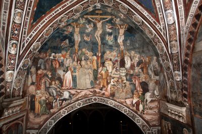 La Crucifixión, fresco del Maestro del Sacro Speco. Siglo XIV. Iglesia Superior. Monasterio de San Benedetto (Sacro Speco), Subiaco (Roma), Italia de Master Trecentesco of Sacro Speco School