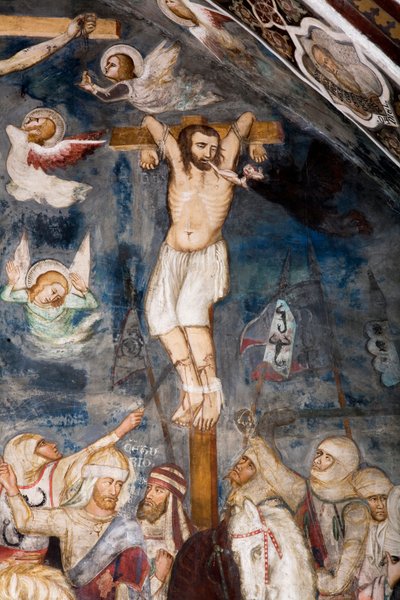 El ladrón no arrepentido, crucificado con Jesús, su alma es arrancada de su boca por un demonio. Representación del ladrón malvado llamado Gesmas o Gestas. Fresco del maestro del Sacro Speco. Siglo XIV. Iglesia Superior. Monasterio de San Benedetto (Sacro  de Master Trecentesco of Sacro Speco School