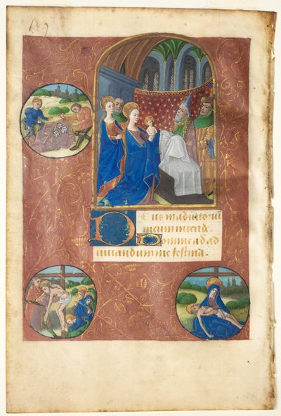 Hoja de un libro de horas: Presentación en el templo con medallones del sorteo, c. 1460 de Master of Adélaïde de Savoie