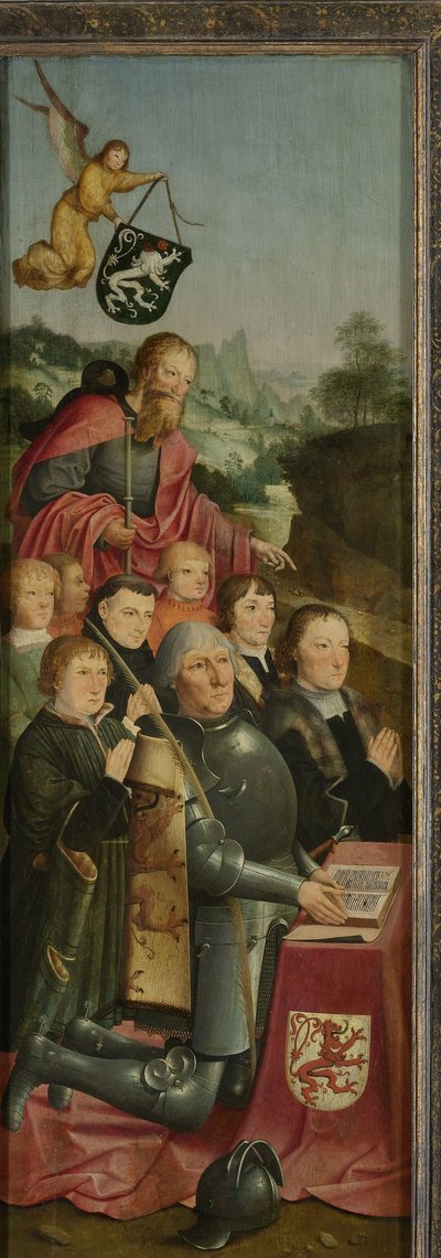 Panel conmemorativo con ocho retratos masculinos, probablemente Willem Jelysz van Soutelande y familia, con Santiago el Mayor y el escudo de la familia Van Soutelande, ala interior izquierda de un retablo de Master of Alkmaar