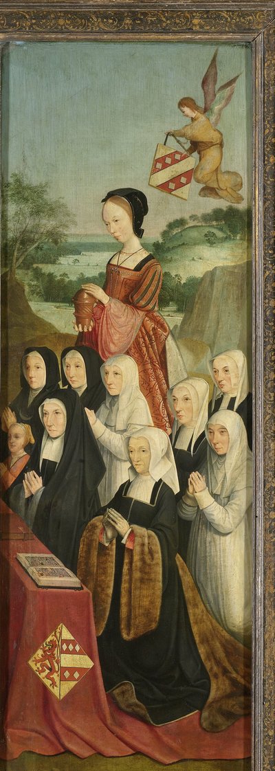 Panel conmemorativo con nueve retratos femeninos, probablemente de Kathrijn Willemsdr van der Graft y su familia, con Santa María Magdalena y la familia Van Soutelande y los blasones Van der Graft-Van Soutelande, ala interior derecha de un retablo de Master of Alkmaar