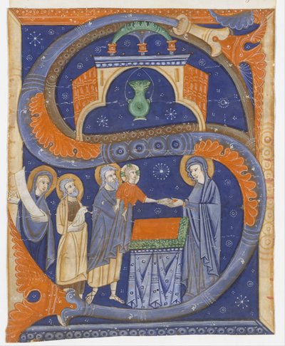 Iluminación de manuscrito con la Presentación de Cristo en el Templo en una Inicial S..., ca. 1278 de Master of Bagnacavallo