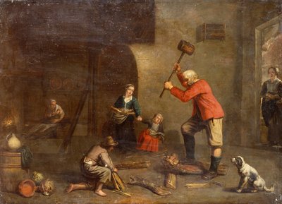 Una cocina con un Viejo Cortando Leña (óleo sobre lienzo) de Master of Beguins