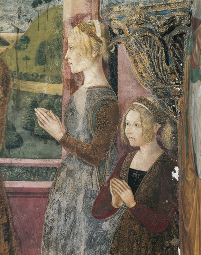 Italia, Región Piamonte, Provincia de Alessandria, Serralunga di Crea, Sacro Monte di Crea, Santuario de Santa María Asunta, Capilla de Santa Margarita de Antioquía, Fresco que representa a Paleólogo y Bernarda de Bosse. de Master of Crea