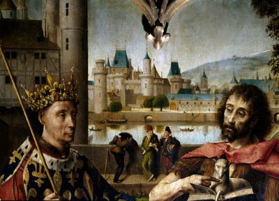 Crucifixión Cristo en la cruz rodeado de San Juan Bautista, San Dionisio, Carlos I el Grande (Carlomagno), Luis IX (San Luis), Santa Magdalena, Santa Marta - Detalle representando a San Luis y San Juan Bautista - Retablo de la P de Master of Dreux Bude (active c.1425 d.1450)