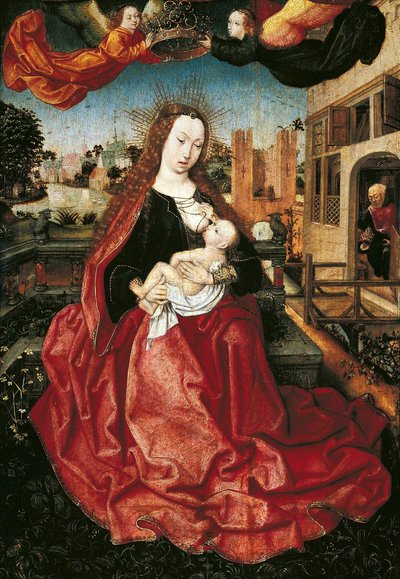 Madonna y el Niño coronados por dos ángeles de Master of Frankfurt