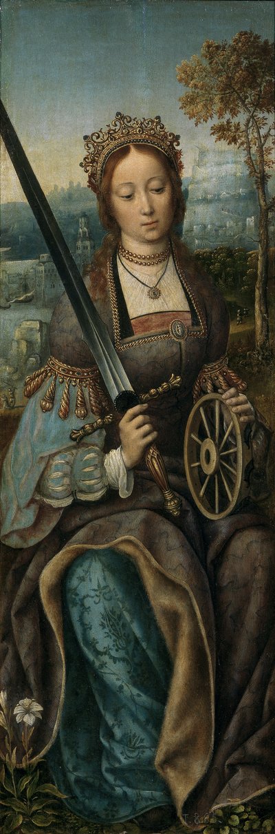 Tríptico de la Sagrada Familia con ángeles músicos. Panel izquierdo: Santa Catalina de Master of Frankfurt