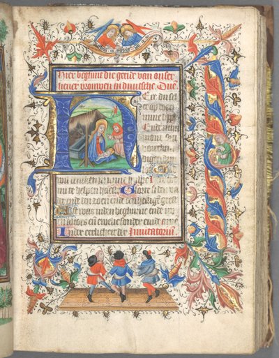 Libro de Horas Uso de Utrecht: fol. 14r, Inicial con La Natividad, c. 1460-1465 de Master of Gijsbrecht van Brederode