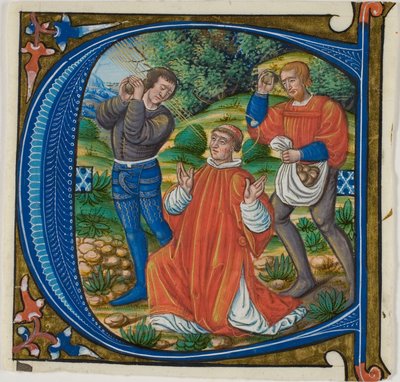 La lapidación de San Esteban en una inicial historiada "A" o "C" de un gradual de Master of Jacques de Besançon