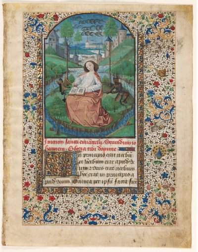 Hoja de un libro de horas: Juan en Patmos 1 de 2 hojas excisadas, c. 1465 de Master of Jacques de Luxembourg