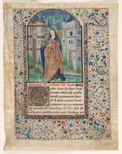 Hoja de un libro de horas: Santa Bárbara (2 de 2 hojas extirpadas) de Master of Jacques de Luxembourg