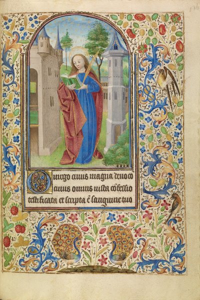 Santa Bárbara con un libro y una palma de mártir ante una torre de Master of Jacques of Luxembourg