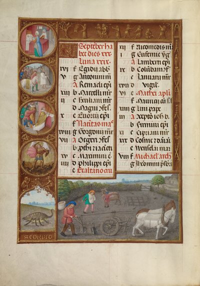 Página del calendario de septiembre; Arar y sembrar; Escorpio de Master of James IV of Scotland