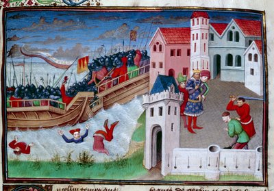 Escena de batalla y decapitación. Ilustración de la novela "El Decamerón" de Giovanni Boccaccio (Jean Boccace de Master of Jean Mansel