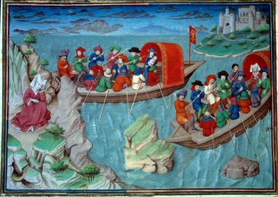 Federico II (1194-1250) del Sacro Imperio salió de Sicilia con su suite en miniatura tomada de un manuscrito en francés del "Decamerón" de Giovanni Boccaccio dit Jean Boccaccio (1313-1375), escritor italiano, iluminado por el Maestro de la Mansel. 1450. Pa de Master of Jean Mansel